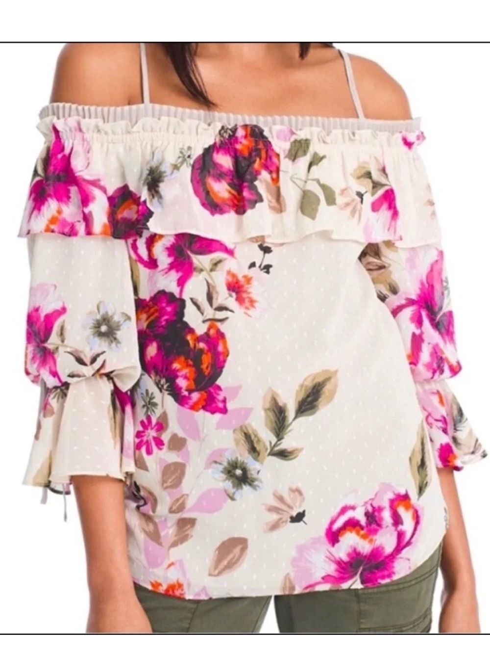 NWT WHBM Cream Floral Off-Shoulder Blouse Ruffle Blouse - Medium